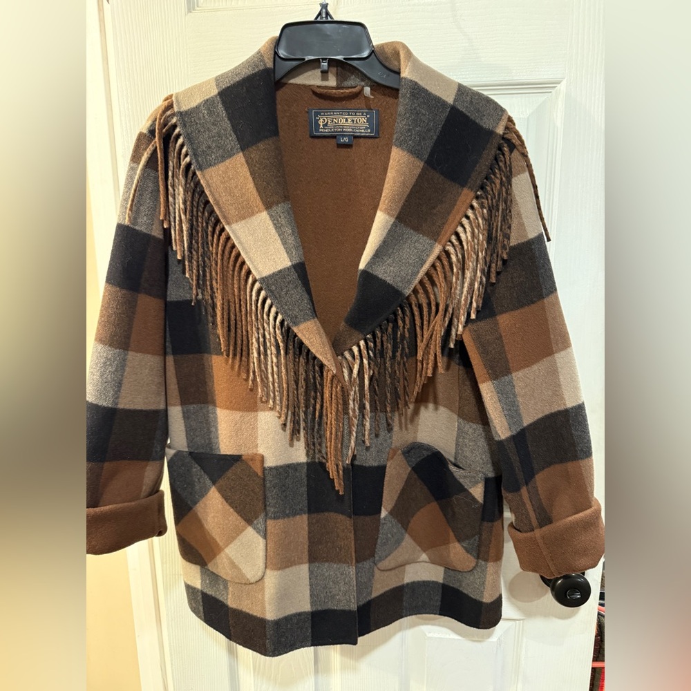 Pendleton Women's Checkered Fringe Jacket - Brown and Black